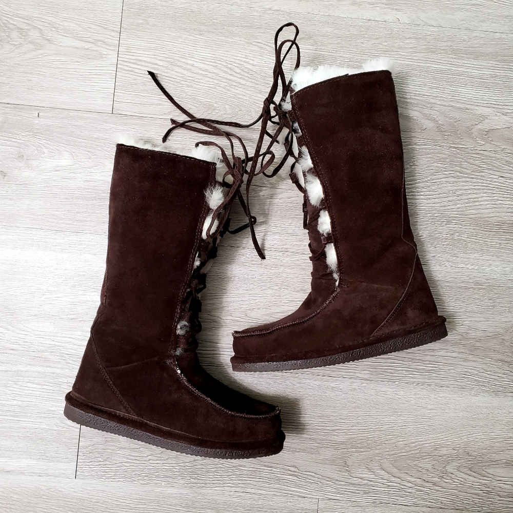 BearPaw tall brown suede sheepskin wool lace up boot size 6 furry Fall